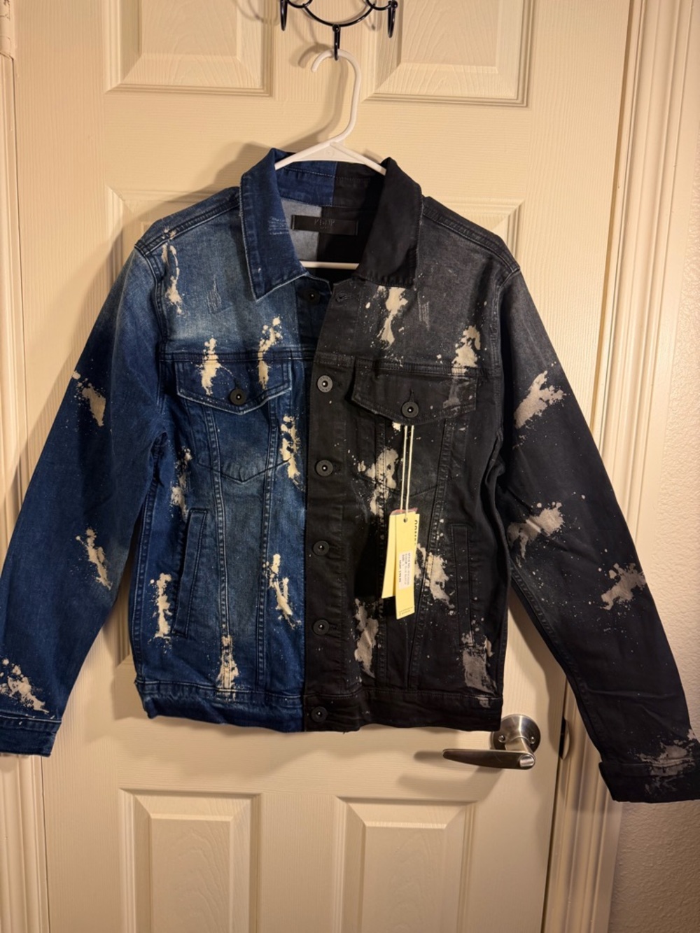KDNK Split Denim Jacket Paint Splatter Blue Black Men’s Small NWT